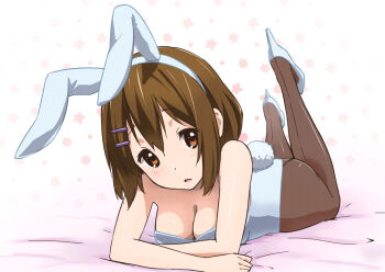 1girl :o alternate_costume animal_ears bare_shoulders black_pantyhose breasts brown_eyes brown_hair cleavage errant fake_animal_ears female_focus high_heels hirasawa_yui k-on! looking_at_viewer lying on_stomach pantyhose playboy_bunny rabbit_ears rabbit_tail shoes short_hair solo star_(symbol) tail