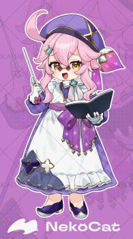 1girl :d ahoge alternate_costume book commentary dori_(genshin_impact) dress full_body genshin_impact glasses gloves gotoh_(nekocat) hair_between_eyes hand_up hat holding holding_book holding_pointer long_sleeves looking_at_viewer open_mouth pink_hair pointer purple_dress purple_hat purple_shoes red-tinted_eyewear shoes smile standing tinted_eyewear twitter_username white_gloves yellow_eyes zoom_layer