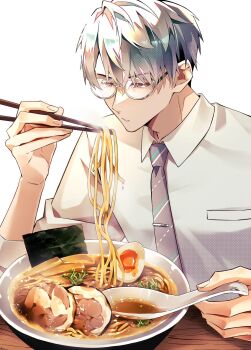 1boy aose_(_aose242) brown_eyes chinese_spoon chopsticks collared_shirt commentary diagonal-striped_clothes diagonal-striped_necktie eating food glasses grey-framed_eyewear grey_hair halftone highres hitotsubashi_ayato hitotsubashi_ayato_(1st_costume) holding holding_chopsticks holding_spoon male_focus necktie nijisanji noodles parted_lips ramen shirt short_hair simple_background sitting solo spoon steam striped_clothes symbol-only_commentary undercut upper_body virtual_youtuber white_background white_shirt