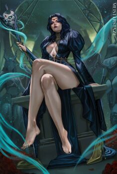 1girl absurdres artist_name bare_legs barefoot blue_dress blue_hair breasts cleavage_cutout clothing_cutout commentary crossed_legs dress english_commentary eyeshadow feet from_below full_body high_heels highres juliet_sleeves large_breasts long_dress long_hair long_sleeves looking_down mage_staff magic makeup meister_staze puffy_sleeves purple_eyeshadow purple_lips red_eyes shoes sitting skull skull_staff sophia_(ladyxiphilinos) staff unworn_shoes warcraft world_of_warcraft