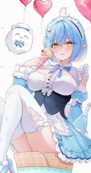 1girl 7nopi :3 :p absurdres ahoge alternate_costume apron balloon black_corset blue_bow blue_bowtie blue_hair bob_cut bow bowtie breasts center_frills cleavage collared_shirt commentary_request corset crossed_bangs detached_sleeves double-parted_bangs elf food frilled_apron frilled_skirt frilled_sleeves frills hair_between_eyes heart heart_ahoge heart_balloon highres holding holding_ice_cream_cone hololive ice_cream ice_cream_cone knees_up large_breasts looking_at_viewer maid maid_headdress multicolored_hair pinstripe_pattern pinstripe_skirt pinstripe_sleeves pointy_ears shirt short_hair simple_background sitting skirt sleeveless sleeveless_shirt solo streaked_hair thighhighs tongue tongue_out underbust virtual_youtuber white_apron white_background white_shirt white_thighhighs yellow_eyes yukihana_lamy yukimin_(yukihana_lamy)