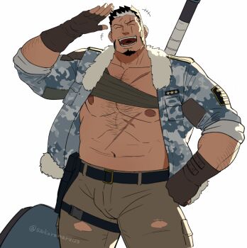 1boy :d another_eidos-r bara bare_pectorals brown_pants bulge camouflage camouflage_jacket character_request cowboy_shot facial_hair fingerless_gloves gloves goatee hairy happy highres holding_behind_back holding_weapon_behind_back jacket large_pectorals laughing long_sideburns male_focus mature_male multicolored_hair muscular muscular_male mustache_stubble navel nipples open_clothes open_jacket open_mouth pants pectorals sakuramarusan salute scar scar_on_chest short_hair sideburns sleeves_rolled_up smile solo sparse_arm_hair sparse_chest_hair standing stomach streaked_hair strongman_waist stubble thick_eyebrows thick_thighs thighs torn_clothes torn_pants weapon weapon_on_back