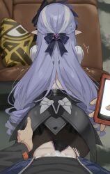 1boy 1girl absurdres ass black_bow black_panties black_pantyhose black_skirt blue_bow bow braid cellphone clothed_sex clothing_aside commentary cum cum_overflow facing_away from_behind grabbing_another&#039;s_ass groping hair_bow hetero highres holding holding_phone long_hair panties panties_aside pantyhose phone pointy_ears pov pov_crotch pov_hands purple_hair sex sex_from_behind shengtian shirt skirt smartphone torn_clothes torn_pantyhose underwear variant_set vivian_banshee white_shirt zenless_zone_zero