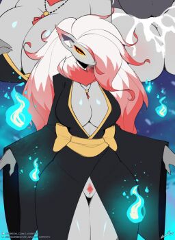 1boy 1girl blue_fire breasts cleavage colored_sclera cum cum_in_pussy cum_overflow deep_penetration erection fire furry gen_5_pokemon highres hisuian_form hisuian_zoroark large_testicles looking_at_viewer lyorenth mature_female multicolored_hair multiple_views nintendo patreon_logo patreon_username penis pokemon pokemon_(creature) pussy red_eyes robe sex solo subscribestar_logo subscribestar_username testicles thigh_gap vaginal yellow_sclera