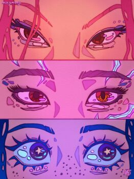 Rule 34 | 3girls, absurdres, artist name, brown eyes, commentary, english commentary, eye focus, eyelashes, eyeshadow, facial mark, freckles, heterochromia, highres, kpop demon hunters, looking to the side, makeup, minji munji, mira (kpop demon hunters), multiple girls, pink hair, rumi (kpop demon hunters), watermark, yellow eyes, zoey (kpop demon hunters)