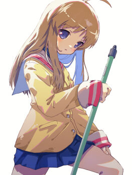 Rule 34 | 1girl, ahoge, akayama yukihe, blue eyes, blue skirt, blush, clannad, commentary, cowboy shot, hand on own thigh, hand up, head tilt, highres, hikarizaka private high school uniform, jacket, light brown hair, long hair, long sleeves, looking at viewer, miniskirt, miyazawa yukine, parted lips, pleated skirt, sailor collar, school uniform, sidelighting, sidelocks, simple background, skirt, sleeves past wrists, solo, standing, straight hair, white background, white sailor collar, yellow jacket