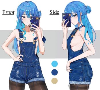 1girl absurdres armpit_crease black_nails blue_eyes blue_hair blue_overalls breasts brown_pantyhose cellphone closed_mouth collarbone commentary english_commentary from_side hand_on_own_hip heart highres holding holding_phone hololive hoshimachi_suisei multiple_views overalls pantyhose phone selfie sideboob small_breasts smartphone star_(symbol) star_in_eye strap_slip suspenders suspenders_slip symbol_in_eye virgo76612871 virtual_youtuber white_background