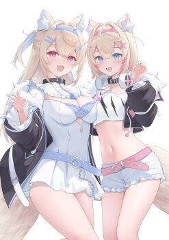 Rule 34 | 2girls, :d, animal collar, animal ears, bandaid, bandaid hair ornament, belt, bib collar, black collar, black jacket, blonde hair, blue belt, blue eyes, blue hairband, blue streaks, breasts, cleavage cutout, clothing cutout, collar, commentary request, cropped jacket, cropped shirt, crossed bangs, cutout above navel, dog ears, dog girl, dog tail, double-parted bangs, dress, fake horns, fang, flat chest, frilled shirt collar, frilled shorts, frills, fur-trimmed jacket, fur trim, fuwawa abyssgard, fuwawa abyssgard (1st costume), hair between eyes, hair intakes, hair ornament, hairband, hairclip, hand up, headphones, headphones around neck, highres, hololive, hololive english, horn hairband, horns, jacket, large breasts, long hair, long sleeves, looking at viewer, mococo abyssgard, mococo abyssgard (1st costume), multicolored hair, multiple girls, off shoulder, open mouth, parallel hairclips, partial commentary, pink belt, pink eyes, pink hairband, pink streaks, seriponpoyon, shirt, short dress, short hair, short shorts, shorts, siblings, simple background, sisters, skin fang, smile, spiked collar, spikes, streaked hair, tail, twins, two side up, virtual youtuber, white background, white dress, white shirt, white shorts, x hair ornament