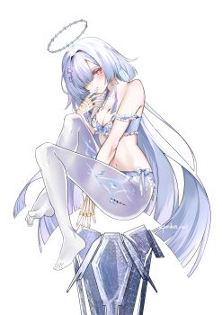 Rule 34 | 1girl, absurdres, barefoot, blue bow, blue bra, blue panties, blunt bangs, blush, bow, bow bra, bra, breasts, colored eyelashes, earrings, finger to mouth, floating, frilled bra, frilled panties, frills, grey hair, hair intakes, hair ornament, hair over one eye, halo, highres, jellyfish cut, jewelry, long hair, looking at viewer, medium breasts, mornye (wuthering waves), pandora 0407, panties, parted lips, prosthesis, prosthetic leg, red eyes, ring, see-through body, sitting, solo, strap slip, tacet mark (wuthering waves), thighs, triangle earrings, triangle hair ornament, twitter username, underwear, underwear only, very long hair, white background, white eyelashes, wuthering waves