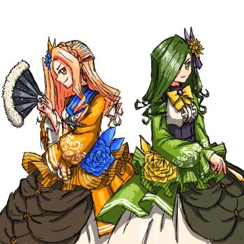 2girls bad_id bad_twitter_id blonde_hair breasts dorothee_(grimms_notes) green_eyes grimms_notes hair_over_one_eye hand_fan highres holding holding_fan long_hair looking_at_viewer multiple_girls noemie_(grimms_notes) one_eye_covered simple_background smile strooong_zero upper_body white_background yellow_eyes