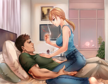 Rule 34 | 1boy, 1girl, artist name, beard stubble, bed, black hair, blonde hair, blue eyes, blue shirt, chris redfield, cigarette, denim, facial hair, from side, girl on top, green shirt, hand on another's chest, holding, holding cigarette, jeans, jill valentine, nagare, on bed, pants, pillow, resident evil, resident evil 5, shirt, smile, stubble, window