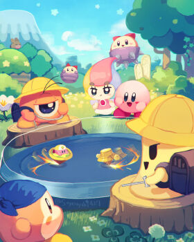 1girl backpack bag bandana bandana_waddle_dee blue_bandana blue_sky blush_stickers cappy_(kirby) disembodied_hand elline_(kirby) fairy fairy_wings flower grass highres kirby kirby_(series) multicolored_hair nintendo one-eyed polof pout sky spinning_top star_(sky) star_(symbol) suyasuyabi top_kirby tree tree_stump twister_(kirby) waddle_doo white_flower wings yellow_headwear