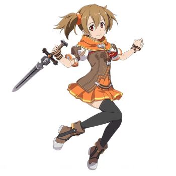 10s 1girl black_thighhighs brown_hair female_focus full_body hair_ornament holding holding_sword holding_weapon looking_at_viewer orange_skirt pleated_skirt red_eyes ribbon short_hair short_twintails silica simple_background skirt smile solo striped_ribbon sword sword_art_online sword_art_online:_hollow_realization thighhighs twintails weapon white_background wrist_ribbon zettai_ryouiki