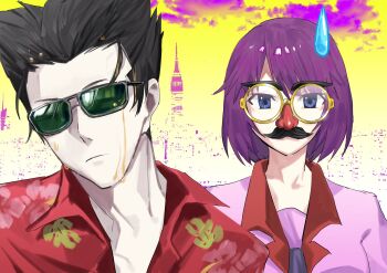 Rule 34 | 1boy, 1girl, black hair, blue eyes, closed mouth, collared shirt, fake facial hair, fake mustache, glasses, green-tinted eyewear, groucho glasses, hair between eyes, hashtag-only commentary, hawaiian shirt, highres, kaiki deishuu, koimonogatari, looking at viewer, medium hair, monogatari (series), naoetsu high school uniform, necktie, pink shirt, red shirt, rice balls1234, round eyewear, school uniform, senjougahara hitagi, shirt, short hair, sunglasses, tinted eyewear, upper body, yellow background