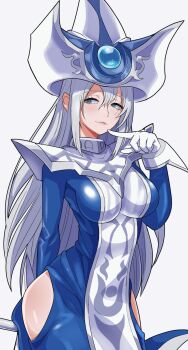 1girl arm_behind_back breasts closed_mouth clothing_cutout commentary_request commission duel_monster gloves grey_hair hair_between_eyes hat highres hip_vent holding holding_staff looking_to_the_side pointing pointing_to_the_side silent_magician skeb_commission smile solo staff wadatsumi_(sense11531153) white_background white_gloves white_hat yu-gi-oh!