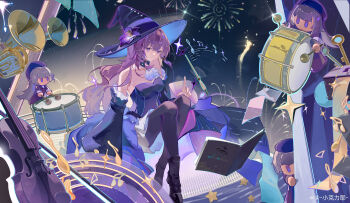 4girls absurdres bare_shoulders black_boots black_choker black_hat black_pantyhose book boots breasts cello choker commentary_request detached_sleeves dress drum flower hat hat_flower herta_(honkai:_star_rail) highres honkai:_star_rail honkai_(series) index_finger_raised instrument knees_up long_hair long_sleeves looking_at_viewer mini_person minigirl multiple_girls pantyhose purple_dress purple_eyes purple_flower purple_hair small_breasts strapless strapless_dress the_herta_(honkai:_star_rail) tuba very_long_hair witch_hat xiao_keli_ye