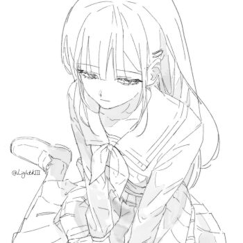 1girl bang_dream! bang_dream!_it&#039;s_mygo!!!!! blunt_bangs closed_mouth collarbone commentary expressionless greyscale hair_ornament hairpin half-closed_eyes highres kinayone loafers long_hair long_sleeves medium_skirt monochrome neckerchief pleated_skirt sailor_collar school_uniform serafuku shoes sidelocks sitting skirt solo tsukinomori_school_uniform wakaba_mutsumi winter_uniform