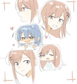 2girls animal_ears aqua_eyes blue_hair blush brown_hair chinese_commentary commentary_request dog_ears dog_girl haidao_mao hair_ornament hairclip highres kemonomimi_mode long_hair miyagi_shiori multiple_girls open_mouth sendai_hazuki short_hair shuuniichido_classmate_wo_kau_hanashi simple_background white_background yuri