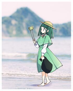 1girl bag barefoot beach border can commentary dress full_body green_dress green_hair green_poncho hat highres holding holding_tongs ikizulive!_love_live!_bluebird kanduki_kamibukuro long_hair long_sleeves love_live! outdoors photo_background picking_trash pinafore_dress shirt sidelocks sleeveless sleeveless_dress solo straw_hat tongs trash_bag two_side_up white_border white_shirt yamada_midori