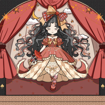 1girl ankle_ribbon argyle_bow argyle_clothes argyle_dress argyle_pantyhose black_hair bloomers bow bowtie brooch closed_eyes closed_mouth cloud collarbone crescent crimson_rhapsody_(infinity_nikki) deformed doll dot_nose dress eyelashes facial_tattoo footwear_bow frilled_gloves frilled_sleeves frills full_body fuurenri gloves gold_necklace gown hair_bow heart heart_brooch heart_necklace highres holding holding_doll infinity_nikki jewelry lace-trimmed_bow lace_trim layered_dress leg_ribbon long_hair mary_janes necklace nikki_(series) off-shoulder_dress off_shoulder ongeki pantyhose parted_bangs puffy_short_sleeves puffy_sleeves puppet_strings red_bow red_dress red_pantyhose red_ribbon red_shoes ribbon shadow shoes short_sleeves smile solo spade_(shape) stage standing star_(symbol) tattoo two-tone_bow underwear unmoving_pattern very_long_hair wavy_hair white_bloomers white_gloves yellow_bow yellow_bowtie yellow_dress