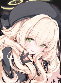 1girl absurdres beret black_gloves blonde_hair blue_archive blush fluffy_hair gloves green_eyes hair_between_eyes halo hat highres long_hair long_sleeves looking_at_viewer open_mouth professor_niyaniya_(blue_archive) sakurano_rocco simple_background smile solo yellow_halo