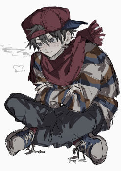 Rule 34 | 1boy, :q, absurdres, alternate costume, backwards hat, black hair, blush, breath, cold, commentary request, grey eyes, grey pants, hat, highres, indian style, looking to the side, male focus, mother (series), mother 1, ninten, nintendo, pants, red scarf, scarf, sitting, snot trail, solo, striped blush, striped clothes, striped sweater, sweater, tongue, tongue out, wa noko