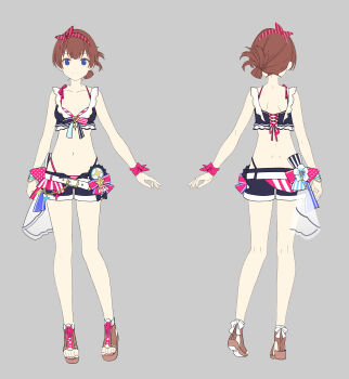 1girl a-pose absurdres asymmetrical_clothes bangle belt bikini bikini_bottom_under_shorts bikini_skirt bikini_under_clothes bikini_under_skirt blue_bikini blue_eyes boots bow bow_headband bracelet brown_hair commentary_request front-tie_bikini_top front-tie_top highleg highleg_bikini highres hololive hololive_summer_2023_swimsuit jewelry layered_bikini naka official_alternate_costume open-toe_boots reference_sheet shorts straight-on striped_bikini striped_clothes swimsuit thigh_strap tokino_sora variations virtual_youtuber white_belt white_bikini