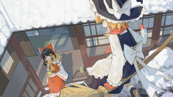 2girls apron ascot back_bow black_hat black_skirt black_vest blonde_hair blush bow braid broom broom_riding brown_eyes brown_hair chinese_commentary commentary_request cup detached_sleeves frilled_bow frilled_hair_tubes frilled_skirt frills gloves hair_bow hair_tubes hakurei_reimu hat hat_bow highres holding holding_cup kirisame_marisa long_hair multiple_girls red_bow red_gloves red_skirt ribbon-trimmed_sleeves ribbon_trim scarf side_braid single_braid skirt skirt_set snow suotuosi_mentu touhou vest waist_apron white_apron white_bow winter winter_clothes witch_hat yellow_ascot yellow_eyes yellow_scarf yunomi