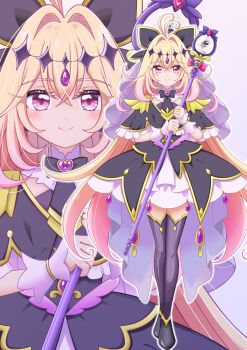Rule 34 | 1girl, absurdres, antenna hair, black bow, black bowtie, black capelet, black dress, black shoes, black thighhighs, blonde hair, blush, bow, bowtie, brooch, capelet, closed mouth, commentary request, cure arcana shadow, diamond hairband, dress, frilled capelet, frilled cuffs, frills, full body, hair between eyes, hair intakes, heart, heart brooch, highres, holding, holding staff, jewelry, long hair, looking at viewer, magical girl, meitantei precure!, moria luluka, pink eyes, precure, purple veil, reimei (r758120518), shoes, smile, staff, tear arcana rod, thighhighs, veil, very long hair, wrist cuffs, zoom layer