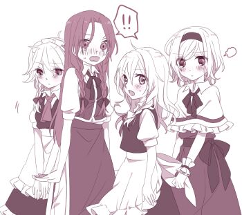 ! 4girls alice_margatroid apron back_bow blush bow braid closed_mouth clothes_grab collared_shirt commentary_request dress hair_bow hairband hong_meiling izayoi_sakuya kirisame_marisa long_hair maid maid_headdress monochrome multiple_girls no_headwear open_mouth puff_of_air puffy_short_sleeves puffy_sleeves shared_speech_bubble shirt short_sleeves side_braid side_slit single_braid skirt speech_bubble spoken_exclamation_mark sweat touhou tsuno_no_hito twin_braids vest waist_apron yuri