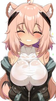 1girl absurdres ahoge animal_ear_fluff animal_ears arknights babalababa barcode barcode_tattoo bare_shoulders black_jacket blush bodysuit breasts closed_eyes commentary_request gravel_(arknights) grin happy highres huge_breasts jacket low-tied_medium_hair off_shoulder partially_open_jacket pink_hair simple_background sleeveless smile solo sweat tail tattoo upper_body white_background white_bodysuit