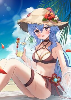 1girl absurdres alternate_costume amaneko_(amaneko_y) bare_shoulders bikini black_bikini blue_gemstone blue_hair blush breasts cleavage collarbone commentary_request cryo_symbol_(genshin_impact) cup day drinking_glass from_side ganyu_(genshin_impact) gem genshin_impact goat_horns hair_between_eyes hand_up hat highres holding holding_cup horns long_hair looking_at_viewer looking_to_the_side medium_breasts navel o-ring open_mouth outdoors partial_commentary purple_eyes signature sitting solo stomach straw_hat sunlight swimsuit thigh_strap very_long_hair vision_(genshin_impact) watermark