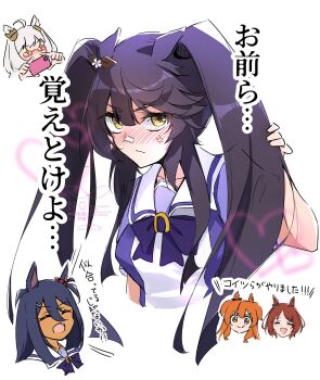 Rule 34 | 5girls, ahoge, alternate hairstyle, anger vein, animal ears, bandaid, bandaid on face, bandaid on nose, biwa hayahide (umamusume), black hair, blush, bow, bowtie, breasts, brown hair, closed eyes, closed mouth, cropped torso, crown, dark-skinned female, dark skin, ear ornament, ear scrunchie, fang, glasses, grey hair, hair between eyes, hair ornament, hairclip, highres, hishi amazon (umamusume), holding, holding phone, horse ears, horse girl, long hair, mayano top gun (umamusume), multiple girls, naegi happy, narita brian (umamusume), open mouth, orange eyes, orange hair, phone, puffy short sleeves, puffy sleeves, purple bow, purple bowtie, purple shirt, red-framed eyewear, red scrunchie, sailor collar, sakura laurel (umamusume), school uniform, scrunchie, semi-rimless eyewear, shirt, short hair, short sleeves, smile, striped clothes, striped scrunchie, taking picture, tracen school uniform, twintails, umamusume, under-rim eyewear, very long hair, white sailor collar, yellow eyes