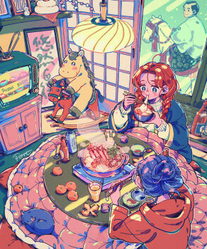 2girls absurdres animal aqua_eyes artist_name beer_bottle beer_can blue_hair blue_jacket bowl braid bright_pupils can cat chopsticks closed_mouth commentary_request crt drink_can eating food food_request fruit glass hair_bun hair_over_shoulder hanging_light highres holding holding_bowl holding_chopsticks hood hood_down hoodie indoors jacket kotatsu layered_sleeves long_hair long_sleeves multiple_girls open_clothes open_jacket orange_(fruit) original port_(portzzz) rabbit_ears_antenna red_hair red_hoodie rocking_horse shelf signature single_hair_bun sleeping_animal slice_of_life sweater table television twin_braids under_kotatsu under_table white_pupils white_sweater