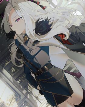 1girl absurdres ahoge armband belt black_belt black_coat black_gloves black_halo black_skirt black_thighhighs blue_archive book breasts coat coat_on_shoulders commentary_request demon_girl demon_horns demon_wings gloves halo highres hina_(blue_archive) horns indoors long_hair looking_at_viewer low_wings pinpinkungya purple_eyes red_armband skirt small_breasts solo standing thighhighs thighs very_long_hair white_hair wings