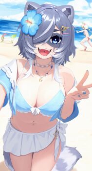 2girls absurdres adversarial_noise ahoge animal_ears beach bikini bikini_bottom_only blush breasts chasing clothes_in_mouth clothes_theft embarrassed ferret ferret_ears ferret_girl ferret_tail gradient_fur gradient_hair green_fur green_hair grey_hair grey_tail highres indie_virtual_youtuber jacket jewelry laimu_(vtuber) large_breasts limon_(laimu) mascot midriff multicolored_fur multicolored_hair multiple_girls necklace open_clothes open_jacket raccoon_ears raccoon_girl raccoon_tail snuffy_(vtuber) star_(symbol) star_ornament swimsuit swimsuit_in_mouth swimsuit_theft tail theft thigh_gap thigh_strap thighs topless_female two-tone_fur two-tone_hair v vinesauce virtual_youtuber white_fur white_hair yoako