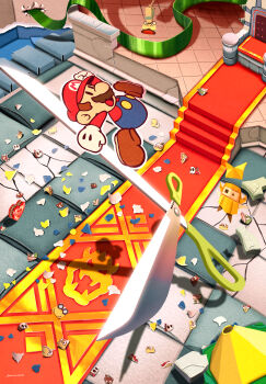 Rule 34 | 1boy, artist name, blue overalls, boots, bowser, bowser logo, brown boots, commentary, english commentary, facial hair, gloves, goomba, hammer bro, hat, highres, jumping, kamek, koopa troopa, maribou (supermaribou), mario, mario (series), mustache, nintendo, olivia (paper mario), overalls, paper, paper mario, paper mario: the origami king, paper mario (character), red hat, red shirt, scissors, scissors (paper mario), shirt, shoes, shy guy, solid oval eyes, spike (mario), spiny, twitter username, white gloves