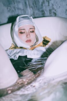 1girl 5y_mmo absurdres arm_at_side arm_support arm_under_breasts ass bathroom black_dress blurry blurry_foreground bodhisattva breasts buddhist_nun commentary cosplay cosplay_photo curvy demon_girl dress fate/extra fate/extra_ccc fate/grand_order fate_(series) from_below gold_necklace half-closed_eyes hand_on_own_thigh head_tilt highres in_bathtub indoors jewelry large_breasts legs_up long_dress long_sleeves looking_at_viewer lying mature_female necklace no_ears nose nun on_back pale_skin parted_lips partially_submerged photo_(medium) pink_lips raised_eyebrows real_life reflection reflective_liquid sessyoin_kiara side_slit skindentation solo thick_thighs thighhighs thighs water white_coif white_thighhighs yellow_eyes