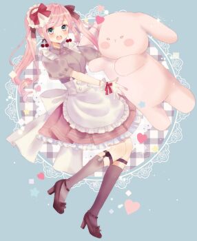 1girl apron azarashi6 black_footwear black_socks blue_background cherry_earrings collared_shirt d: earrings food-themed_earrings food_themed_earrings frilled_apron frilled_skirt frills full_body gloves grey_shirt hair_ribbon heart highres jewelry maid open_mouth original pink_skirt puffy_short_sleeves puffy_sleeves rabbit red_ribbon ribbon shirt short_sleeves skirt socks solo square star_(symbol) teeth tongue twintails upper_teeth_only waist_apron white_apron white_gloves