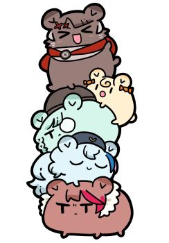 &gt;_&lt; absurdres animalization arknights bear braid candy_hair_ornament chibi closed_eyes dog-san food-themed_hair_ornament frown gummy_(arknights) hair_ornament hat highres istina_(arknights) leto_(arknights) monocle rosa_(arknights) stack white_background zima_(arknights)