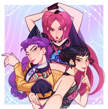 3girls arms_up black_gloves black_nails bracelet braid braided_ponytail brown_eyes choker commentary crop_top english_commentary eyeshadow fingerless_gloves freckles gloves highres jacket jewelry kpop_demon_hunters long_hair makeup marcomie mira_(kpop_demon_hunters) multiple_girls necklace pink_nails purple_eyeshadow purple_hair ring rumi_(kpop_demon_hunters) short_bangs sidelocks smile turtleneck twintails yellow_jacket zoey_(kpop_demon_hunters)