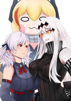 Rule 34 | 0w0, 3girls, abyssal ship, aircraft carrier water oni, black gloves, blank eyes, blonde hair, blush stickers, breasts, chibi, crossover, detached sleeves, dress, evil smile, girls' frontline, gloves, hair between eyes, hair ornament, hands on own hips, headgear, highres, kantai collection, large breasts, long hair, m4 sopmod ii jr, medium hair, multiple girls, orange eyes, pale skin, red eyes, reizo ne, ribbed dress, sailor dress, smile, spas-12 (girls' frontline), stare down, white hair