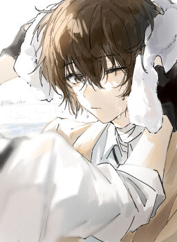 2boys absurdres bandaged_neck bandages black_gloves brown_coat brown_eyes brown_hair bungou_stray_dogs closed_mouth coat collared_shirt commentary_request dazai_osamu_(bungou_stray_dogs) drying drying_another's_hair drying_hair fingerless_gloves gloves hair_between_eyes hiba_riko highres holding holding_towel light_blush male_focus multiple_boys nakajima_atsushi_(bungou_stray_dogs) one_eye_covered shirt short_hair towel twitter_username wet wet_hair white_shirt