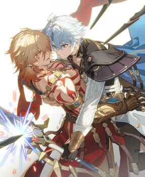 2boys absurdres antenna_hair arm_tattoo armlet armor bare_pectorals black_choker black_coat black_gloves black_shirt blonde_hair blue_cape blue_eyes blue_shrimp braid cape chest_tattoo choker clawed_gauntlets coat commentary_request dawnmaker_(honkai:_star_rail) earrings facial_tattoo fingerless_gloves gloves gold_earrings gold_necklace gradient_hair highres holding holding_sword holding_weapon honkai:_star_rail honkai_(series) jewelry male_focus medium_hair multicolored_hair multiple_boys mydei_(honkai:_star_rail) neck_tattoo necklace open_clothes open_coat parted_bangs pauldrons pectorals phainon_(honkai:_star_rail) red_cape red_hair red_tattoo shirt short_hair shoulder_armor side_braid side_cape single_glove single_pauldron sun_symbol sun_tattoo sword tan tattoo weapon white_coat white_hair yellow_eyes