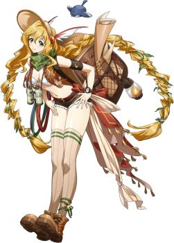 1girl alia_(langrisser) ankle_bell archeology arm_strap backpack bag bare_shoulders bell belt bikini bikini_top_only binoculars bird blonde_hair boots braid breasts brown_boots brown_cape brown_shorts brown_socks brown_vest cape cleavage closed_mouth feather_hair_ornament feathers floating_hair full_body fur-trimmed_shorts fur_trim game_cg green_eyes green_scarf hair_ornament hair_vines hands_on_own_hips highres kneehighs langrisser langrisser_millenium_ws langrisser_mobile lantern leaning_forward long_hair looking_at_viewer low-tied_long_hair map_(object) medium_breasts navel official_alternate_costume official_art open_clothes open_vest oversized_backpack plant red_belt red_cape revealing_clothes scarf second-party_source short_shorts shorts simple_background sleeveless sleeveless_vest smile socks solo standing stomach swimsuit tachi-e tassel thighs transparent_background twin_braids two-sided_cape two-sided_fabric very_long_hair vest vines visor_cap waist_cape watch white_bikini wristwatch