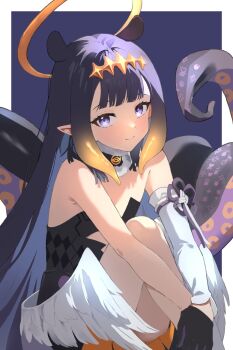 Rule 34 | 1girl, feathered wings, gradient hair, grim jisoo, halo, highres, hololive, hololive english, long hair, looking at viewer, low wings, multicolored hair, ninomae ina'nis, ninomae ina'nis (1st costume), orange hair, pointy ears, purple background, purple eyes, purple hair, sitting, smile, solo, tentacle hair, tentacles, virtual youtuber, white wings, wings, yellow halo