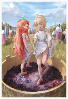 2girls absurdres ahoge bare_arms bare_shoulders barefoot bingwei_huang blonde_hair blue_sky blurry blurry_background bug butterfly child clothes_lift cloud commentary dress dress_lift english_commentary fantasy feet food fruit grape_stomping grape_vine grapes grass hair_intakes highres insect jewelry lifting_own_clothes long_hair long_pointy_ears long_sleeves medium_hair multiple_girls necklace open_mouth original pointy_ears red_hair sidelocks sky sleeveless sleeveless_dress smile sweat toes trellis very_long_hair vineyard white_dress wide_sleeves yellow_eyes