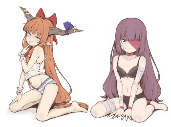 2girls absurdres bandaged_leg bandages bandaid bandaid_on_cheek bandaid_on_face barefoot between_legs black_bra black_panties blush bow bow_bra bow_panties bra choker closed_mouth commentary crop_top cropped_shirt crossover fallenshadow finger_to_mouth fingernails flat_chest full_body grin hair_bow hand_between_legs hand_up highres horns ibuki_suika indie_virtual_youtuber kneeling long_fingernails long_hair looking_at_viewer low-tied_long_hair midriff multiple_girls navel no_pants nose_blush ocean one_eye_covered panties pettan_(zeez4743) pink_eyes pointy_ears purple_eyes red_bow red_choker shirt simple_background sitting sleeveless sleeveless_shirt smile stomach straight_hair striped_clothes striped_panties touhou underwear underwear_only unfinished very_long_hair virtual_youtuber wariza white_background white_shirt wispy_bangs