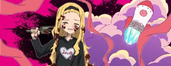 1girl blonde_hair blood blood_in_hair blood_on_face broken_bottle closed_eyes crying daikon_keroi highres kirarazaka_marina long_hair shirt smile solo t-shirt takopii takopii_no_genzai