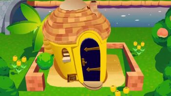 3d animal_crossing animal_crossing_new_horizons animated animated_gif ankha_(animal_crossing) artist_request bridge chimney derivative_work door flower food fruit house nintendo no_humans palm_tree peach source_request tree tulip water window